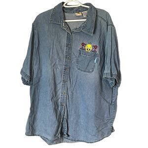 Tweety Bird 26/28 Womens Button Up Blue Denim Looney Tunes Floral Collared